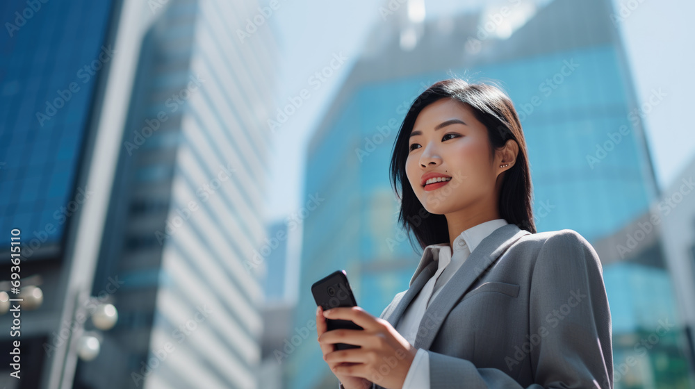 Asian woman in a business suit looking at her smartphone with modern skyscrapers in the background.