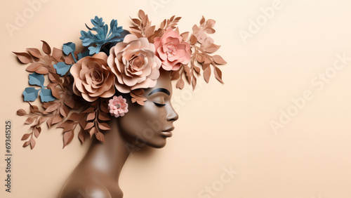 International Women's Day 8 march. Cardboard cutout of a female profile adorned with paper flowers. © Anna
