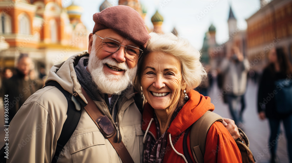 A happy, active senior tourists couple taking selfies against the background of the sights of Red Square, Moscow, Russia together having fun lifestyle. Active age concept