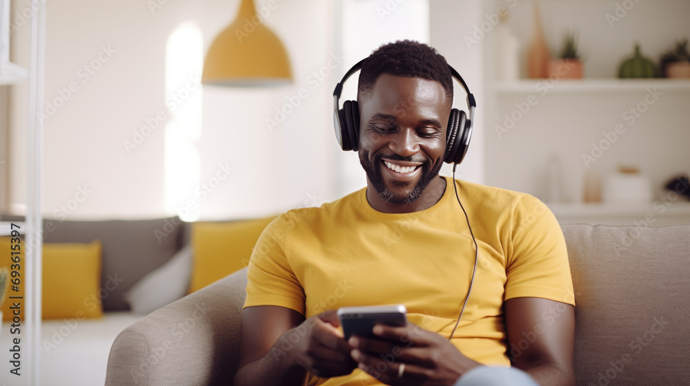 Naklejka premium Young man smiling while looking at his phone and listening to music with headphones at home