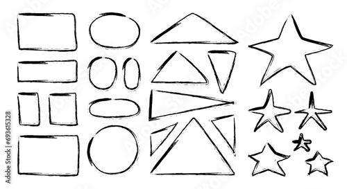 Set of grunge charcoal geometric shapes rectangle circle star hand drawn with pencil sketch with chalk marker. Flat doodle style. Vector illustration.