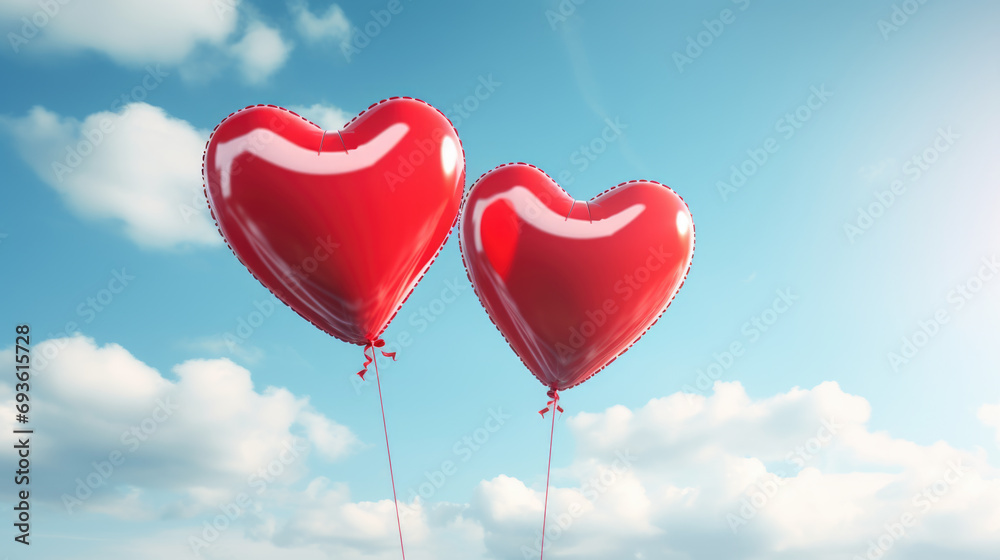 Two bright red, heart-shaped balloons floating against a blue sky with white clouds. Two bright red, heart-shaped balloons floating against a blue sky with white clouds.