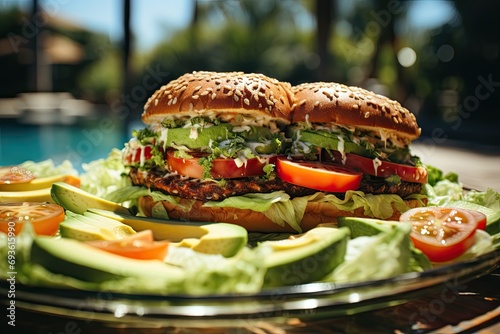 A avocado hamburger at a pool party.  generative IA