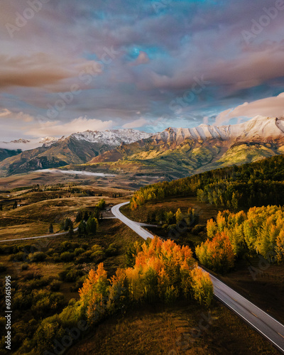 Telluride Mountains Aerial with Sunset Fall Colors after a Rain  photo