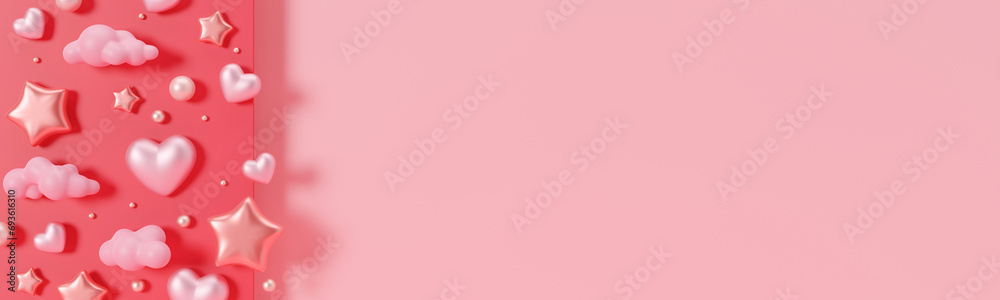 Whimsical wide banner with 3D hearts, clouds and stars on dual-tone pink backdrop, perfect for festive Valentine's promotions. Woman's, Mother's Day background. Empty, copy space for text. 3D render.