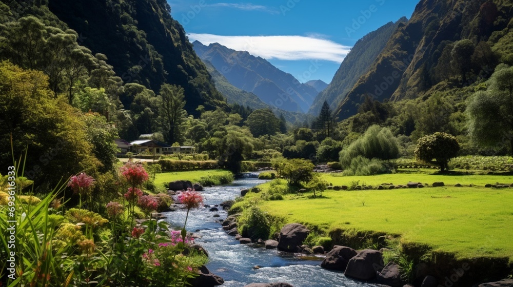 A hidden gem of Madeira mountain valley with a meandering river, surrounded by towering peaks and lush vegetation, offering a peaceful retreat for those seeking solace in nature's embrace.