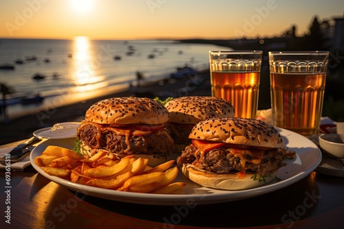 A hamburger with caramelized onion in a seaside coffee with yachts on the horizon., generative IA photo