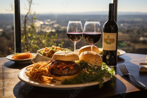 A hamburger with caramelized onion in a coffee overlooking a winery with vineyards., generative IA photo