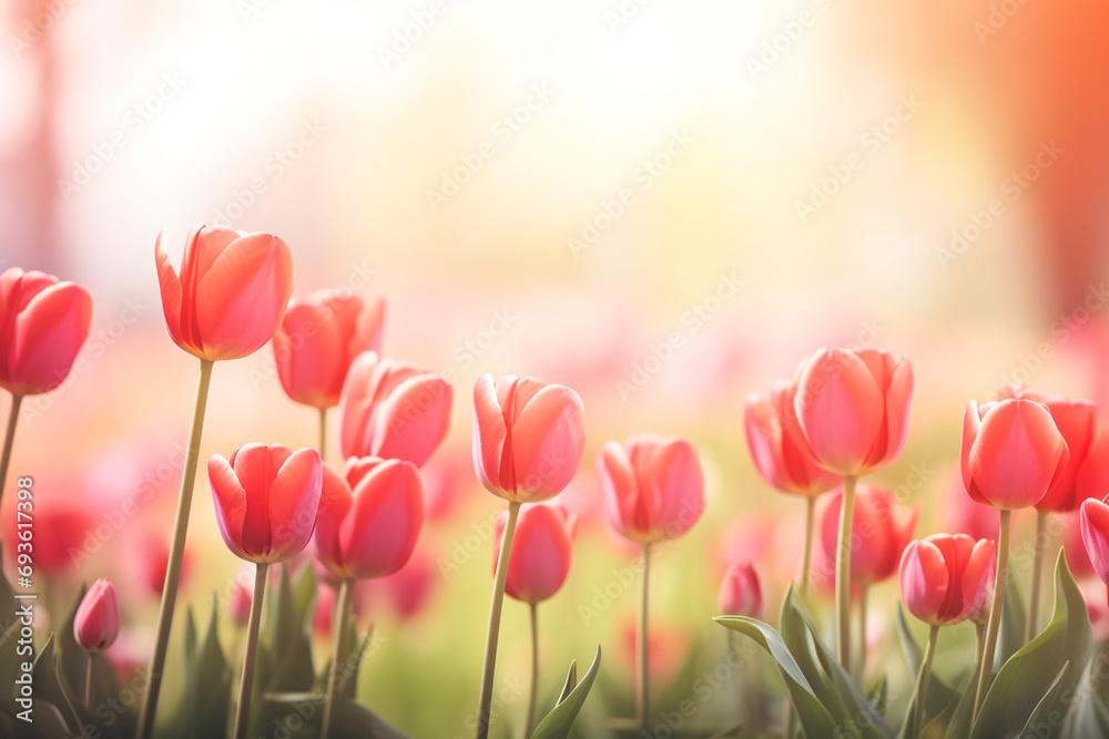 Beautiful natural image of spring meadow of young bright blooming red tulips in morning sun in park in nature. Summer, spring natural landscape with copy space.
