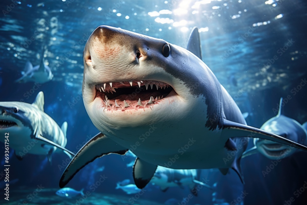Naklejka premium Shark swimming in the water. Underwater world. 3d rendering