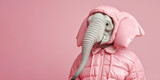 Portrait of a cute elephant in a pink hooded down jacket on a pink background with copy space.