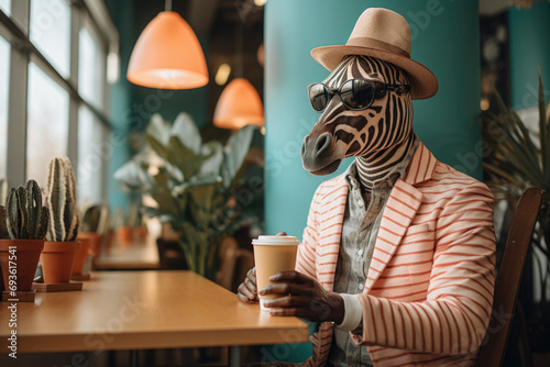 Funny anthropomorphic zebra wearing sunglasses and a hat with a cup of coffee in his hand is sitting at a table in a cafe.
