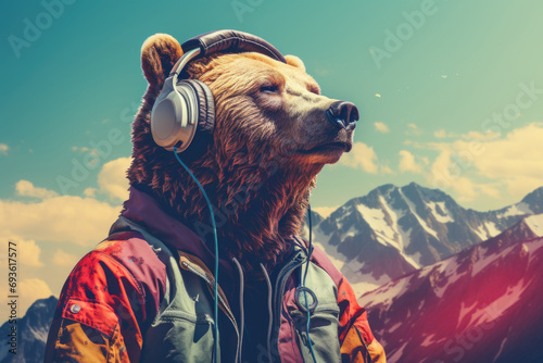 Bear with headphones on the background of the mountains. Toned. photo