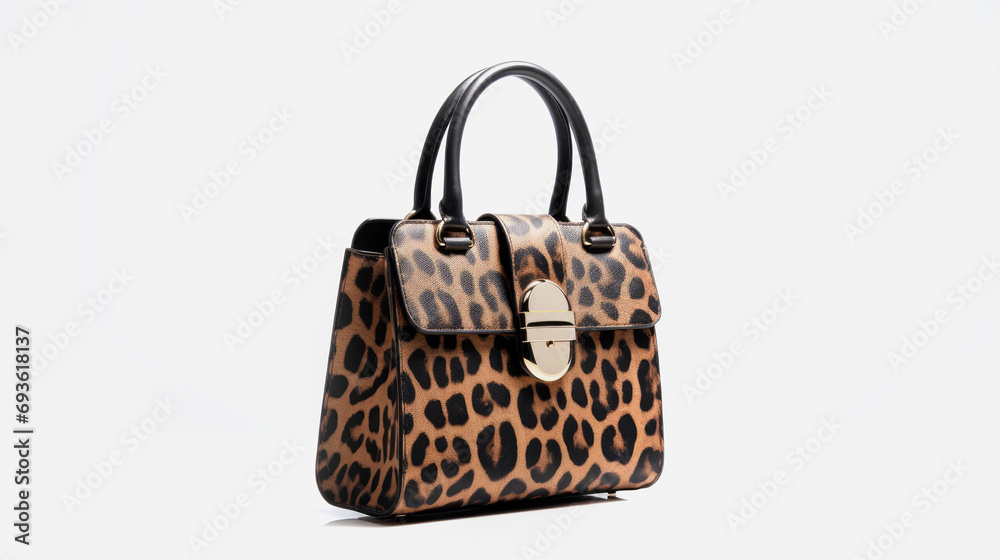 Stylish women's leopard print bag on a light background Stylish women's leopard print bag on a light background