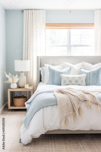 bright bedroom in soft blue with beige tones, minimalist gentle interior