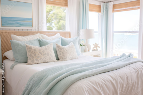 bright bedroom in soft blue with beige tones, large windows with a seascape outside © Jam