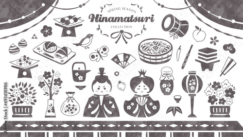 ひな祭りの水彩イラストセット（白黒シルエット）