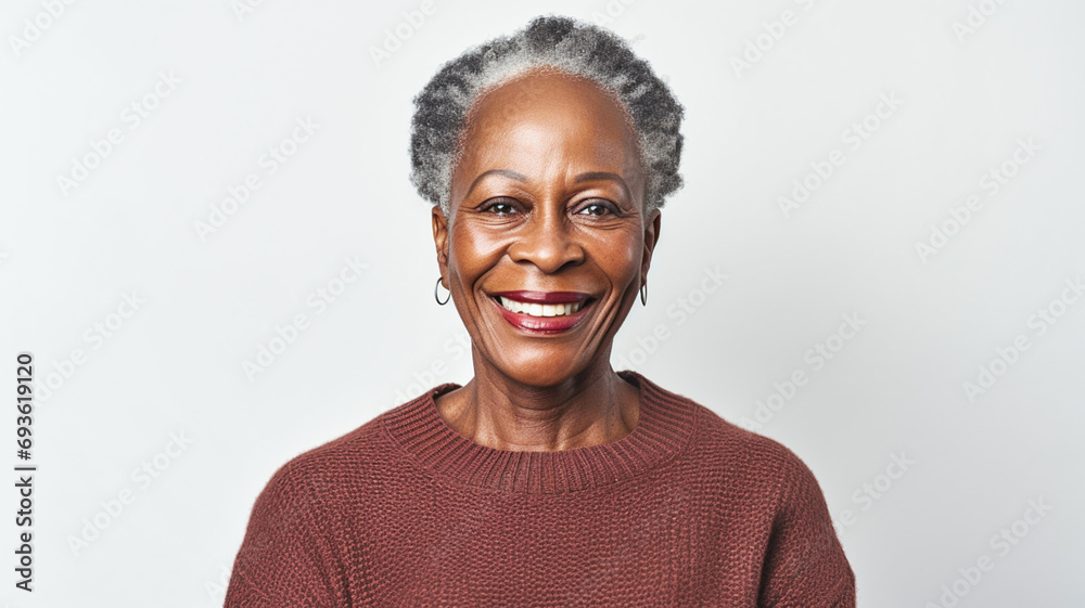 Portrait of smiling senior african american woman looking at camera isolated on white background.
 - obrazy, fototapety, plakaty 