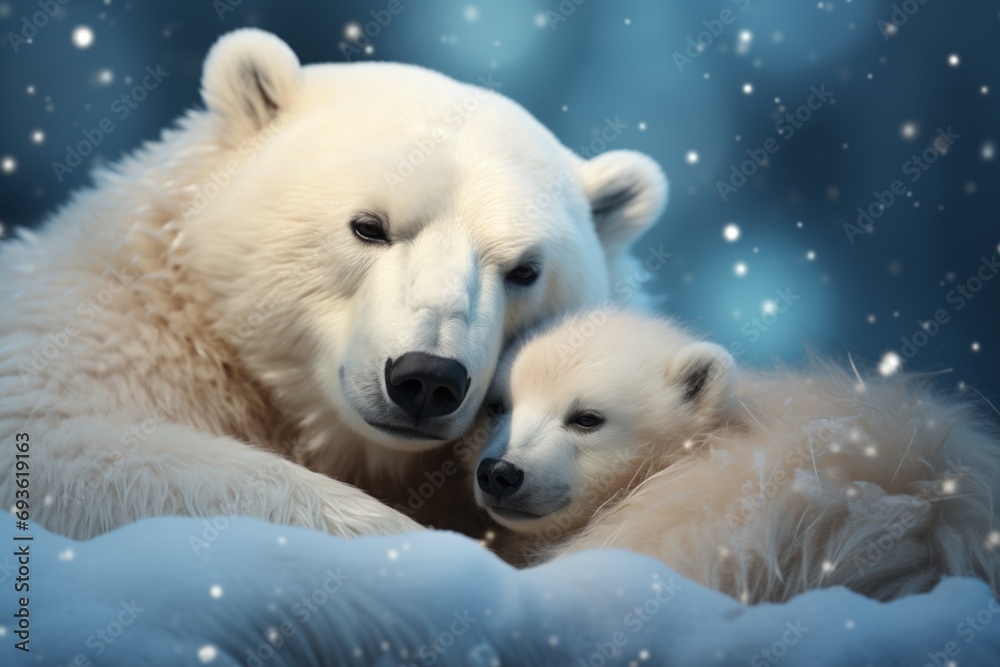 Polar bear mother hugging the cub, while lying on the snow on a snowy day