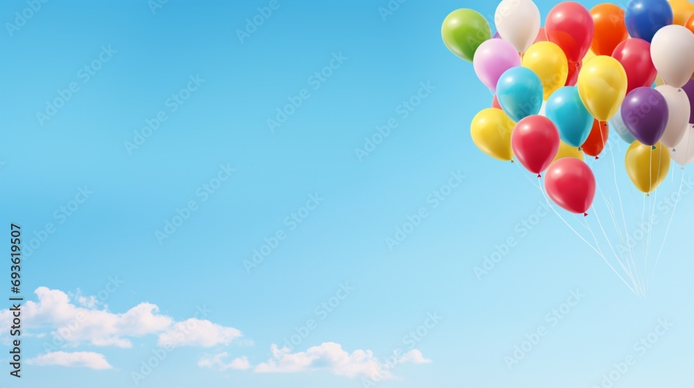 A festive balloon celebration mockup with colorful balloons floating against a clear blue sky, creating a joyful and vibrant atmosphere.
