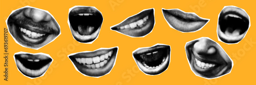 Male lips and mouths halftone collage elements for mixed media design. Cutout magazine shapes, modern retro grunge punk stickers set. Dotted pop art vector illustration