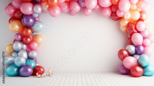 A festive balloon celebration mockup featuring an arch of balloons in a gradient of colors, creating a visually stunning and Instagram-worthy backdrop for parties and celebrations.