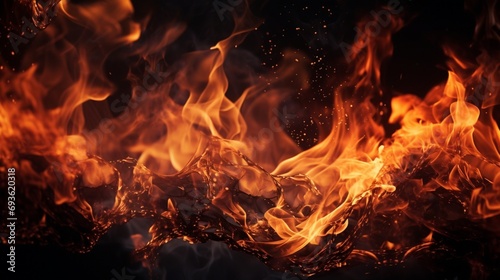 A close-up shot of a fire frame, capturing the intricate details of the flames and glowing embers against a solid black background, showcasing the mesmerizing beauty of fire.