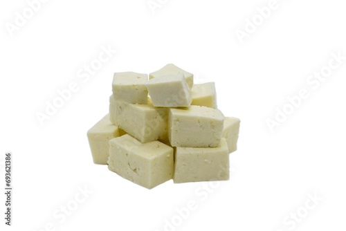 Closeup of Paneer or Cheese Cubes Isolated on White Background with Copy Space, Also Known as Poneer, Fonir or Indian Cottage Paneer