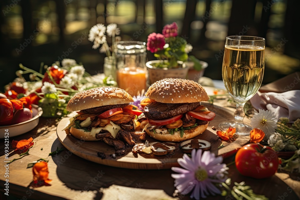 A hamburger with mushrooms in a spring picnic with flowers., generative IA
