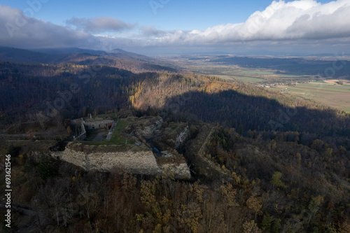 Fototapeta Naklejka Na Ścianę i Meble -  Southern Poland landscape, mountains, autumn, day, sun, sky, clouds, Klodzka Basin, dramatic and majestic scenery