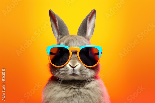 Bunny with sunglasses on colorful background. © ekim