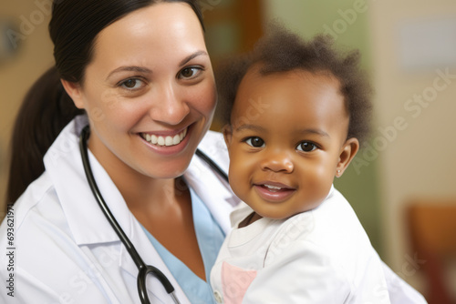 A pediatrician examining a smiling child in a clinic