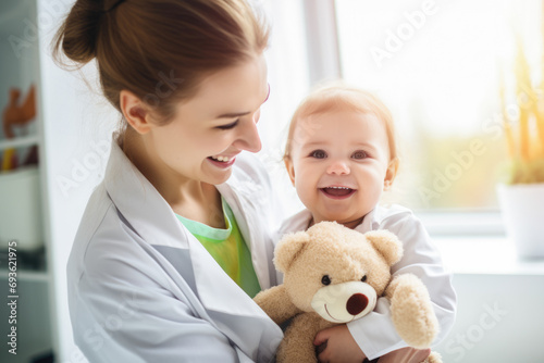 A pediatrician examining a smiling child in a clinic