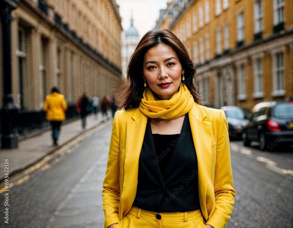 Fototapeta premium photo of beautiful asian woman with yellow suit and scarf standing at street and bridge in the morning, generative AI