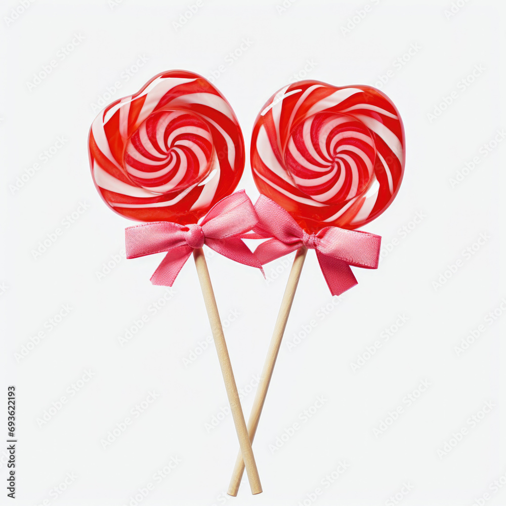 Red and White Swirl Lollipops with Pink Ribbons on White Background Red and White Swirl Lollipops with Pink Ribbons on White Background