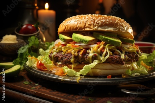 A guacamole hamburger in a western themed coffee with Saloon balance sheets., generative IA