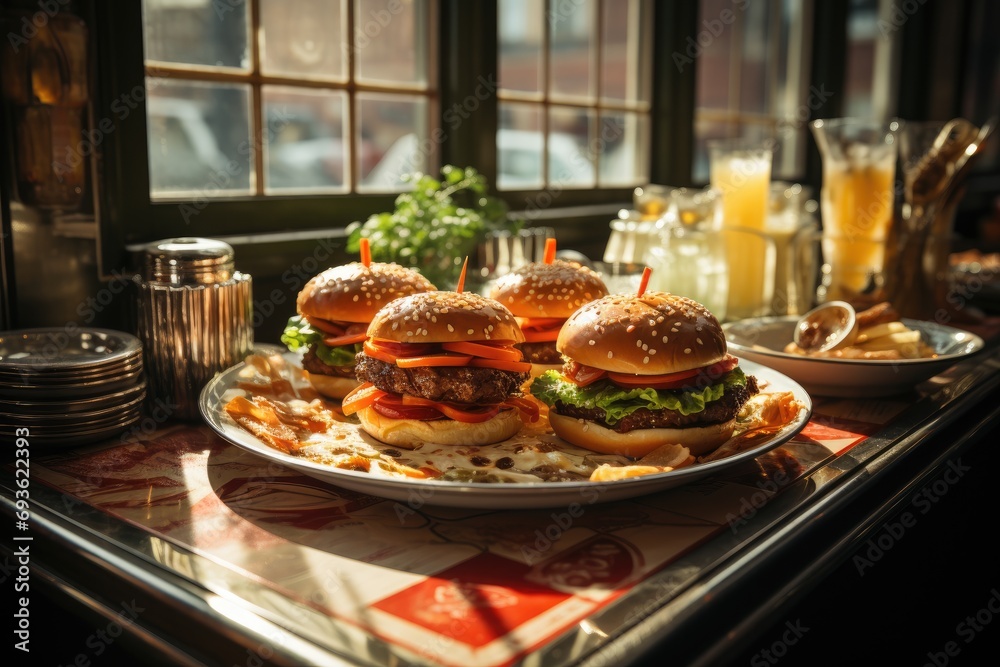 A hamburger with special sauce in a café with vintage decoration and vinyl records., generative IA