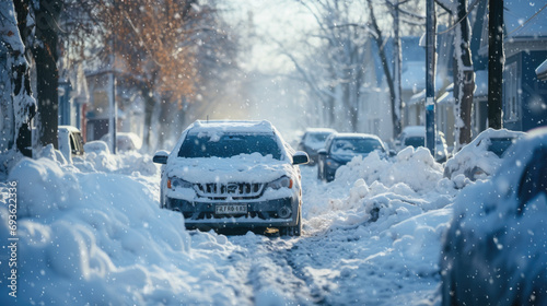 Snowy City Roads.Traffic jam on an Urban Street. Snow-Clad Vehicles and Icy Paths