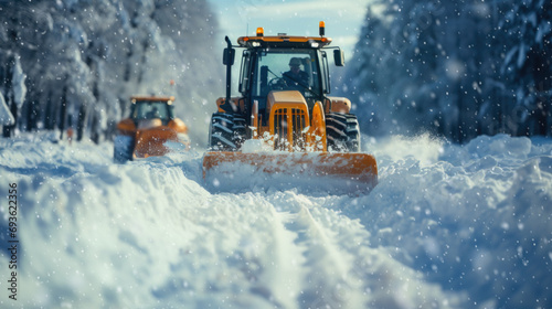 Snow Plow Clearing Winter Road after Heavy Snowfall photo