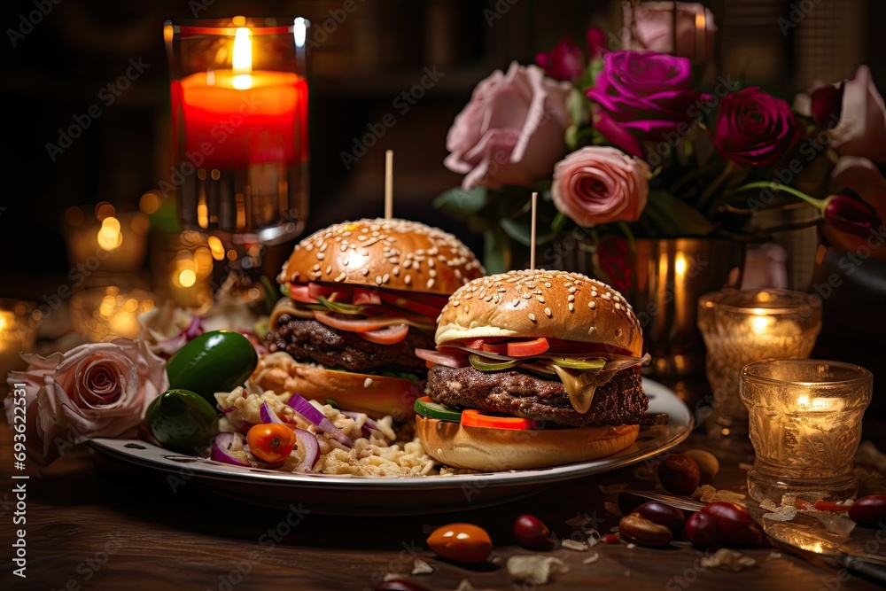 A hamburger with peppers at a Valentine's Day party in candlelight., generative IA