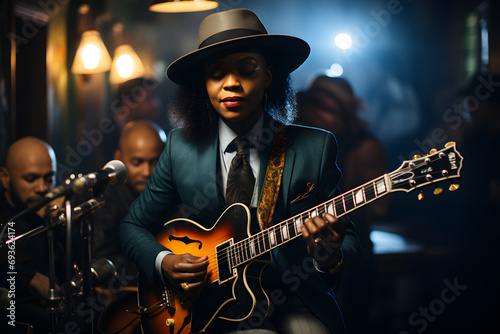 A stylish musician creates melodies in a jazz bar ambiance.