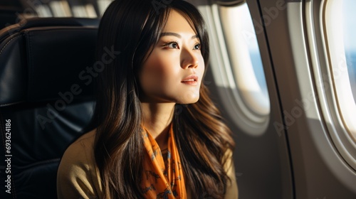 An Asian female passenger on an airplane gazing out the window while embarking on a holiday journey. © ckybe