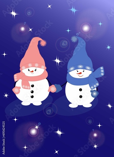 Boy and girl snowmen holding hands