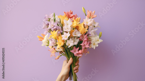 A hand tenderly holding a bunch of fragrant freesias, bouquet of flowers, plain background, with copy space