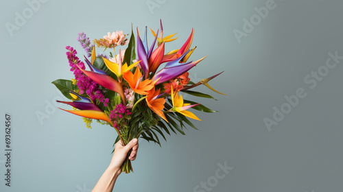 A hand with an exotic bouquet of birds of paradise, bouquet of flowers, plain background, with copy space