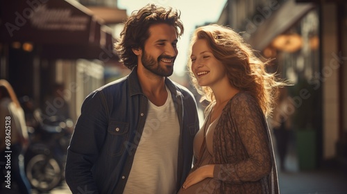 portrait of happy young couple with pregnant woman with big belly on urban street