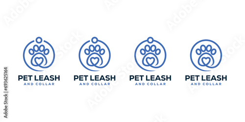 Creative Pet Leash and Collar Logo Design. Love Paw and Leash Circular for Pet Care Logo. Icon Symbol Design Template.