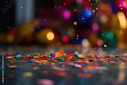 Carnival Party background with confetti, rhinestones. Festival, birthday, holiday backdrop