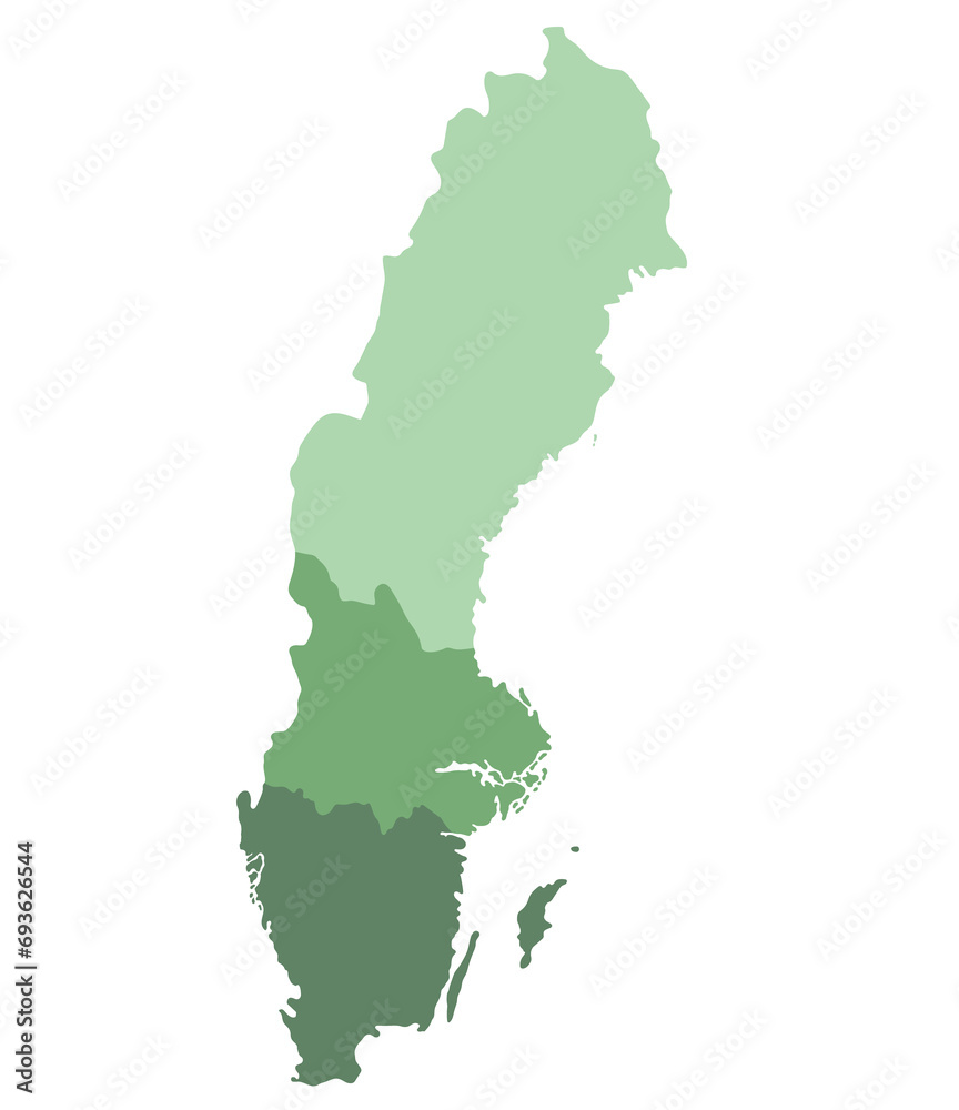 Sweden map. Map of Sweden divided into three main regions