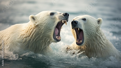 portrait of two polar bears fighting in water on ice showing teeth photo